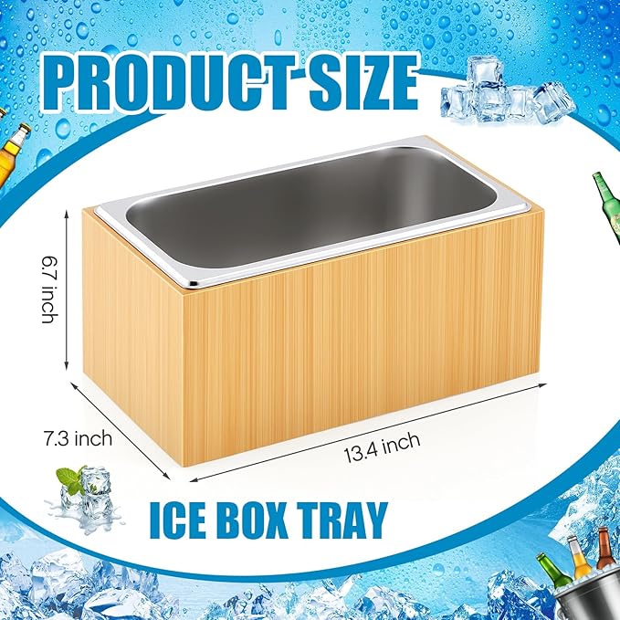 Ice Housing Bin with Removable Tray Ice Holder Container Wine Beer Champagne Drink Bucket Beverage Tub for Freezer Display Buffet Bar Counter Party Drink Chiller(Bamboo and Steel,13.4" X 7.3" X 6.7")