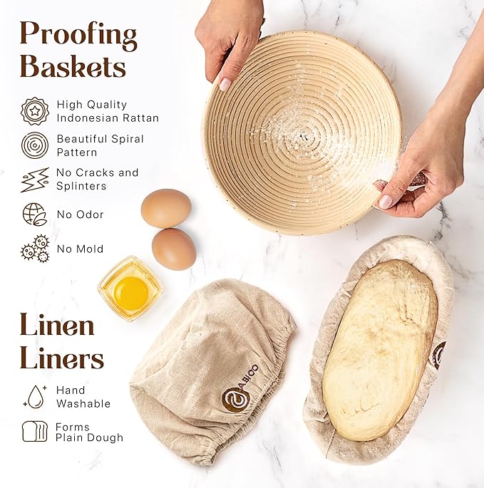 ABIOTO Sourdough Bread Baking Supplies and Bread Proofing Baskets - 9" Round & 10" Oval Indonesian Rattan Baskets, Liners, Danish Whisk, Bread Lame & Scrapers - 14 Piece Bread Making Kit for Beginners