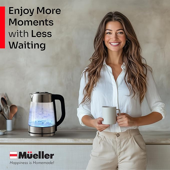 Mueller Rapid Boil Electric Tea Kettle 1.8L – Borosilicate Glass & Stainless Steel – BPA-Free Hot Water Boiler, LED Light, Auto Shut-Off, Boil Dry Protection Fast Water Heater – Kitchen Appliances