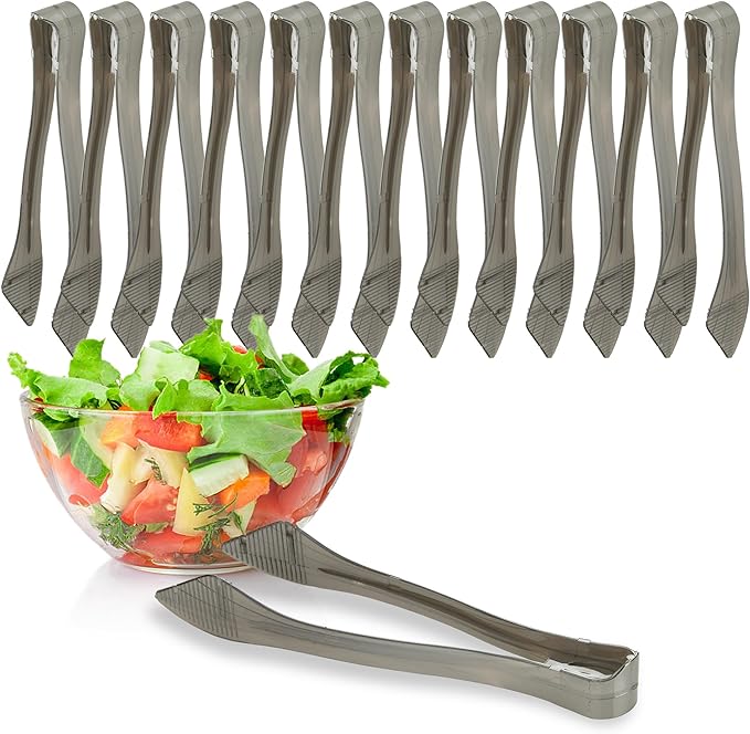 PARTY BARGAINS 8.5 Inches Plastic Serving Tongs, 12 Pack, Premium Quality & Heavy-Duty Silver Plastic Tongs for BBQ, Salads, Grilling, Buffets, & Kitchen
