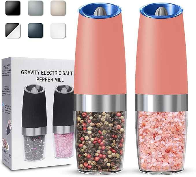Gravity Electric Salt and Pepper Grinder set of 2, Automatic Salt And Pepper Grinder Set, Adjustable Roughness, Battery Powered, LED Light, 2 Pack, (Pink)