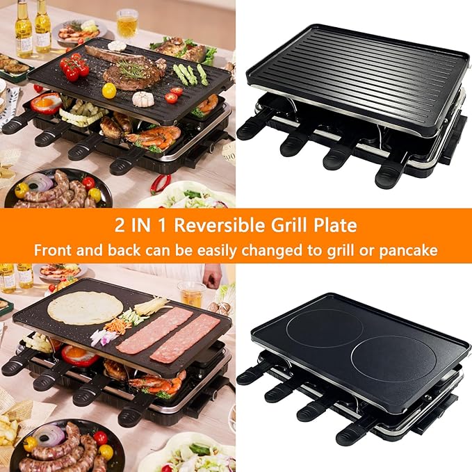 Electric Korean BBQ Indoor Grill Table Smokeless Portable Griddle Raclette Grill Nonstick with 8 Cheese Maker Pans Temperature Control & Dishwasher Safe 1300W Ideal for Parties and Family Fun