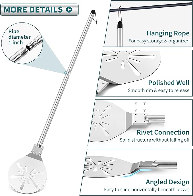 Stainless Steel Pizza Turning Peel 8-Inch, HaSteeL Round Pizza Turner Paddle, Perfortaed Pizza Spinner Spatula with Long Detachable Handle, Dishwasher & Oven Safe