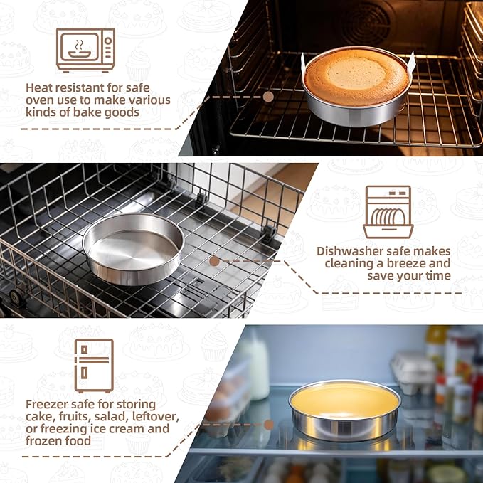 TeamFar 8 Inch Cake Pan Set of 2, Stainless Steel Layer Cake Baking Pans Tins with 90 Pcs Parchment Paper, Round Bakeware for Birthday Wedding, Non-Toxic & Healthy, Mirror Finish & Dishwasher Safe