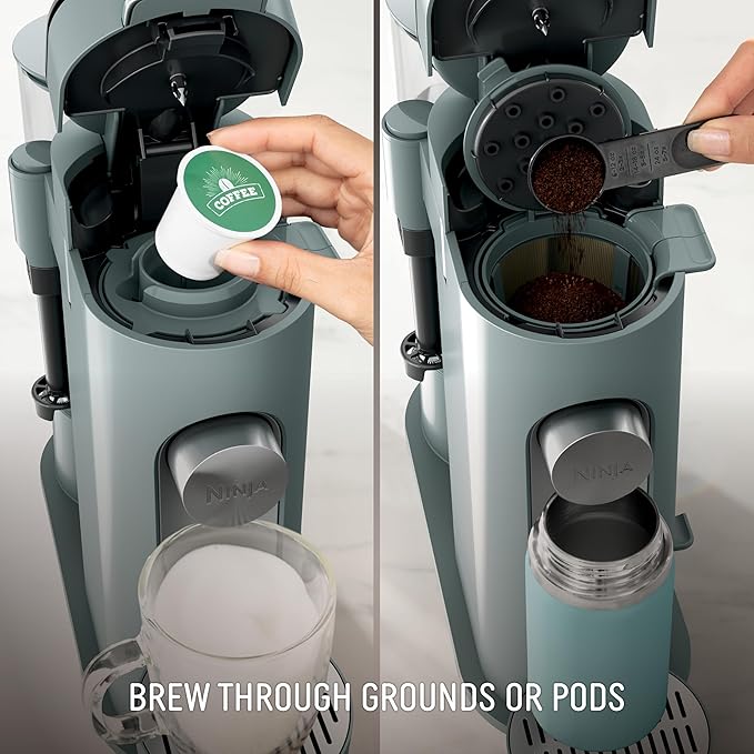 Ninja Pods & Grounds Specialty Single-Serve Coffee Maker, K-Cup Pod Compatible, Built-In Milk Frother, 6-oz. Cup to 24-oz. Travel Mug Sizes, Iced Coffee Maker, 1550 watts, Sage Green, PB051SG