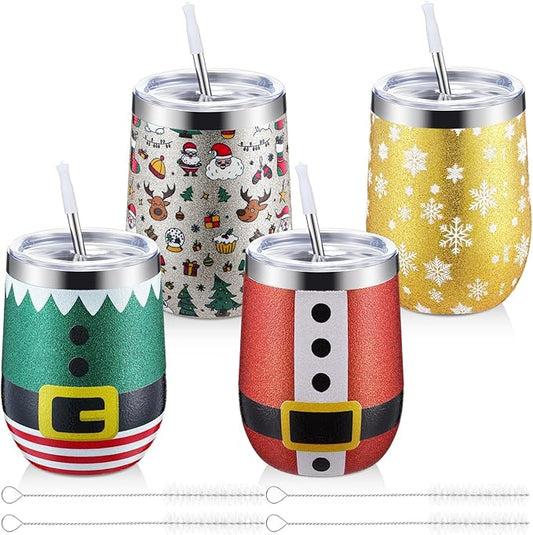 Sliner 4 Pack Pack Christmas Glitter Tumbler Bulk, 12 oz Holiday Wine Tumbler Set Stainless Steel Insulated Sparkling Glitter Cup with Lids Straws and Brushes Travel Mug Xmas Gift (Classic Style)