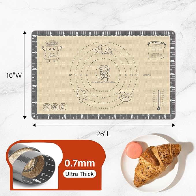 Silicone Baking Mat with Cookie Recipes, Extra Thick Silicone Mat for Baking Macaron, Bread, Pizza, Non Stick Pastry Mat for Dough Rolling Out, Heat Resistant to 480°F for Baker