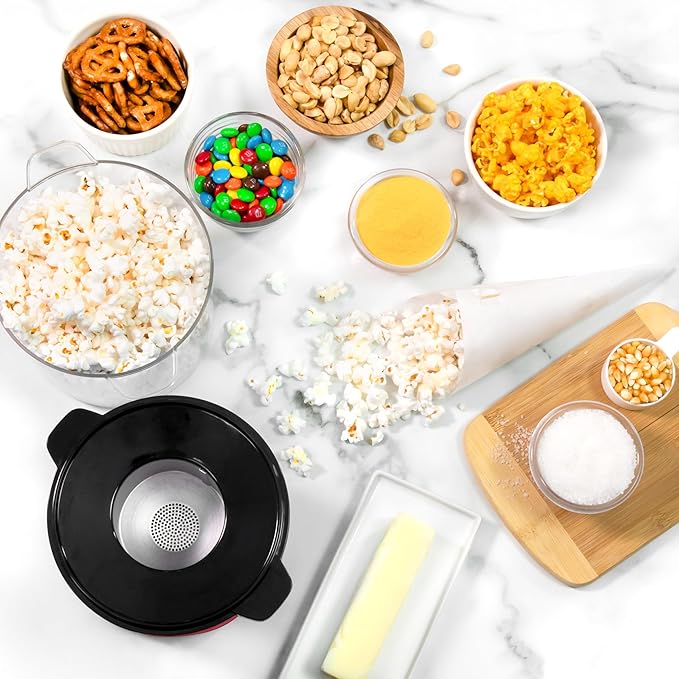 Nostalgia 8-Cup Hot Air Popcorn Maker & Bowl - 2-In-1 Bowl & Lid, 2 oz Measuring Cup - Oil-Free Pop Corn for Movie Night, Snacks, Birthday Parties, and More - Red