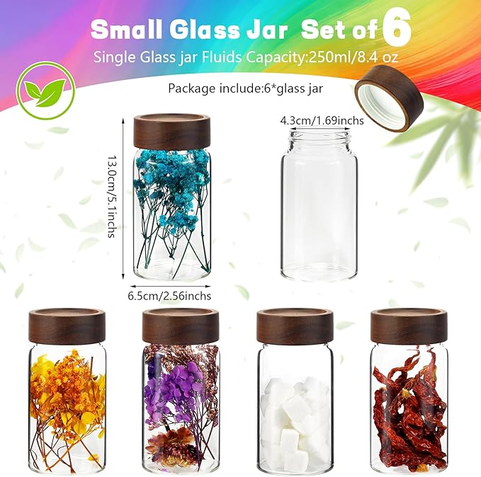 8oz Airtight Glass Jars Small Spice Storage Canister with Wooden Lid Clear Glass Food Container Canning Jar for Cookies Overnight Oats Yogurt Pantry Sugar Tea Coffee Bath Salts (6×250ml(8.4oz))