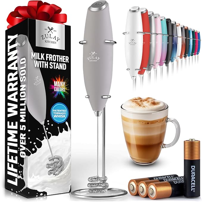 Zulay Kitchen Patented Tornado Triple Whisk Milk Frother with 4 Duracell Batteries – Handheld Foam Maker for Coffee, Lattes, Matcha & Hot Chocolate – Rich, Creamy Froth in Seconds - Steel Gray