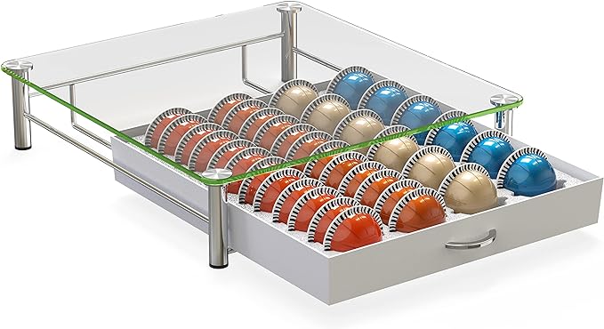 DecoBrothers Crystal Tempered Glass Vertuo Pod Holder Drawer, 24 Large or 48 Small Nespresso Capsule Organizer, White