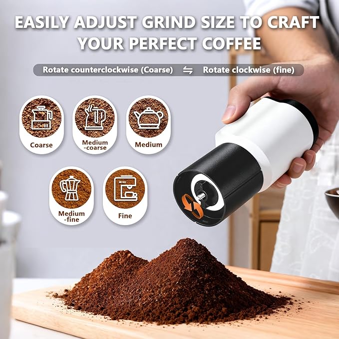 Compact Portable Electric Coffee Grinder,Features a Built-in 1300mAh Rechargeable Battery, Adjustable Grind Settings for Coffee Beans/Grains,Portable Coffee Grinder for Home,Camping and Travel Use