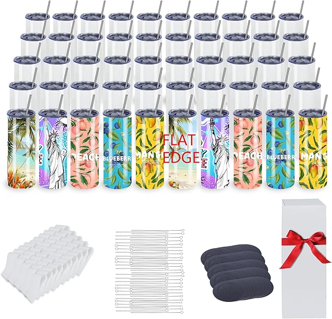 50 Pack 20oz Sublimation Tumblers Bulk With Flat Edge, 20OZ Flat Sublimation Tumbler Blank, Skinny Straight Stainless Steel Blanks Cups with Individual Box (50, 20OZ Flat Edge)