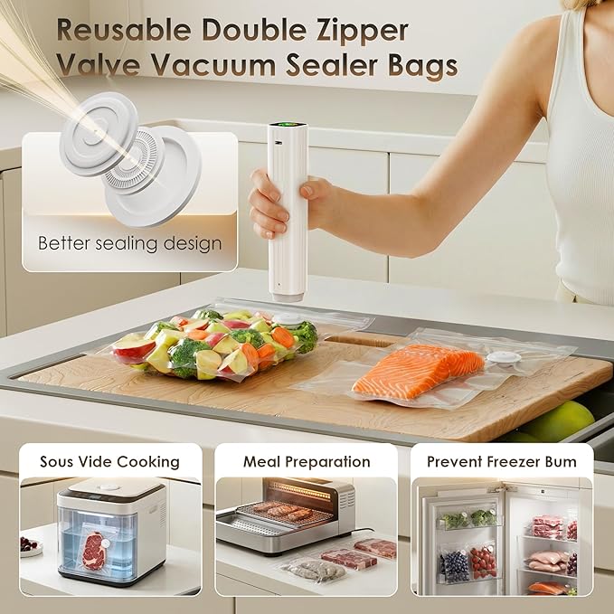 Compact Vacuum Sealer for Food (Vacuum Sealer Machine + 30 Reusable Vacuum Bags) Powerful Handheld Vacuum Sealer Machine, Featuring LED Pressure Display, Portable Food Sealer