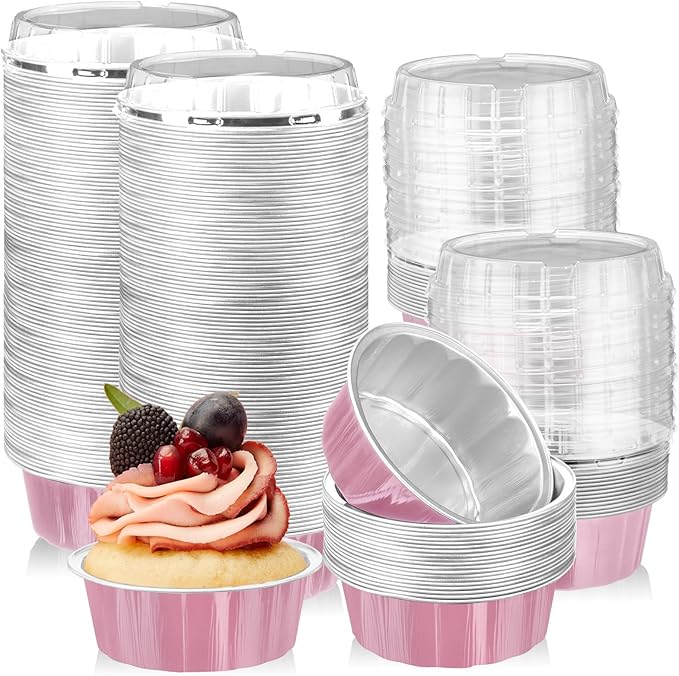 Tessco for you 100 Pcs Disposable Ramekins with Lids 8 oz Creme Brulee Ramekin Aluminum Foil Cup Cupcake Liner Baking Valentines Disposable Muffin Tin Pan Cheesecake Container (Pink,Silver)