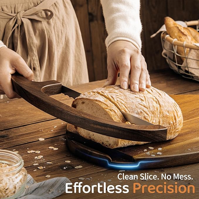 Sourdough Bread Slicer & Bow Knife Set - High Arch Bread Cutter for Homemade Bread - Heavy Duty Wooden Cutting Board with Deep Groove for Hard Crusts - Magnetic Design, Unique Sourdough Shape