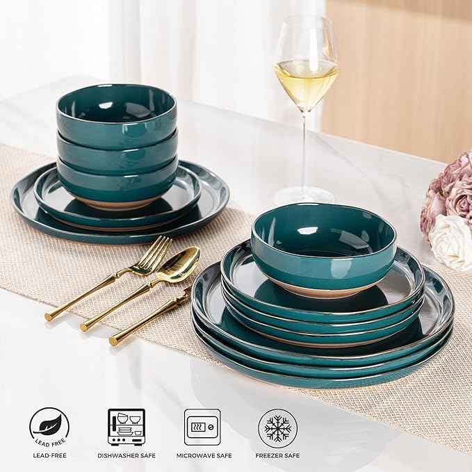 AmorArc Ceramic Dinnerware Sets for 4, 12 Pieces Handpainted Plates and Bowls Set with Rustic Terracotta Underside, Scratch Resistant Stoneware Dishes Set, Dishwasher & Microwave Safe