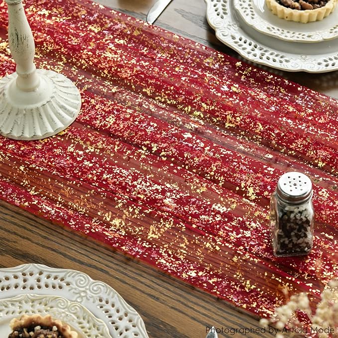 Artoid Mode 3PCS Red Gold Gauze Table Runner 120 Inch 10FT, Glitter Metallic Foil Sheer Dining Wedding Anniversary Holiday Table Decor for Home Party
