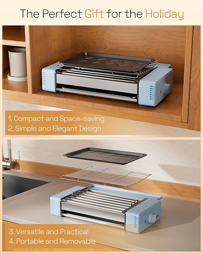 HBN Indoor Grill and Electric Griddle, 3-in-1 Smokeless Indoor Grill with Grill Rack & Nonstick Griddle & Sausage Grill Korean BBQ grill for Kitchen, Dishwasher Safe, 400F (Sky Blue)