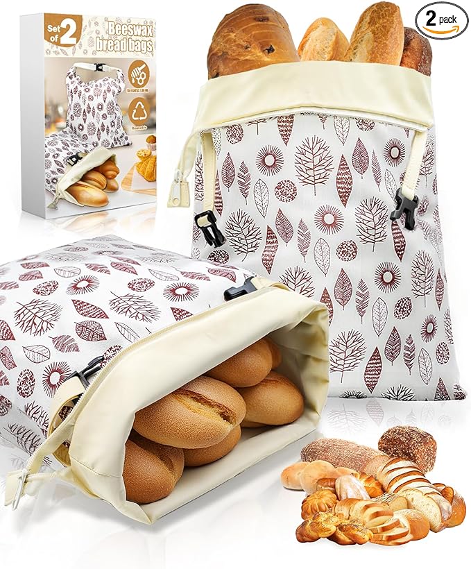 Reusable Beeswax Bread Bags with Zipper, Sourdough Bread Storage Bags for Homemade, Keep Bread Fresh, Natural Beeswax & Cotton Liner, Freezer-Safe Baguette Bag 17"×13", 2 Pack
