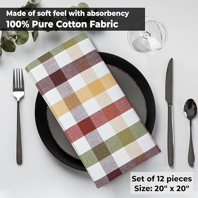 Urban Villa Harvest Cloth Dinner Napkin Set of 6 20x20 inches Fall Checks 100% Cotton Highly Absorbent Durable Reusable Washable Ideal for Farmhouse Thanksgiving Fall Everyday Use Table Napkins
