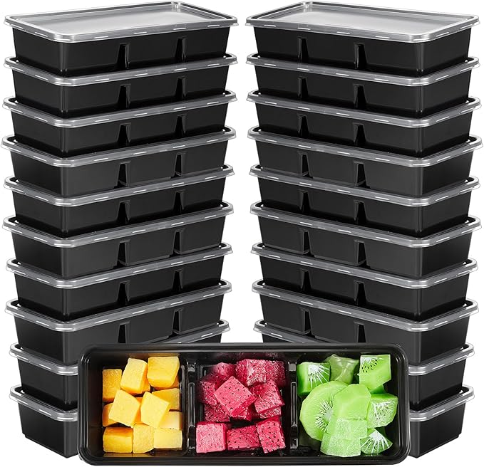 Hushee 10 Pack 17 oz Small Meal Prep Containers with 3 Compartments Snack Containers with Lid Disposable Plastic Bento Box Travel Lunch Food Boxes Stackable for Office Picnic (Black)