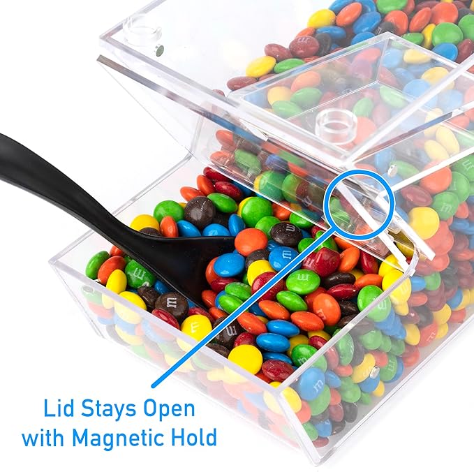 Inevibe Candy Bin Topping Dispenser - Acrylic Bulk Sprinkle Container with Scoop, Stackable & Magnetic for Multiple Holders - For Cereal, Nuts, Candies & Snack Food Storage - 2 Pack