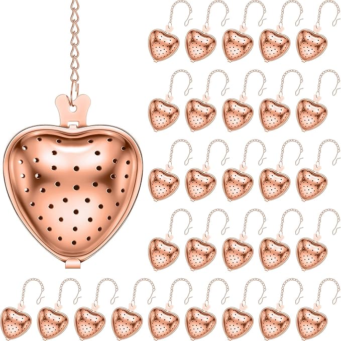 Sumind 50 Pcs Stainless Steel Tea Strainer Ball Infuser Loose Leaf Steeper Interval Diffuser Heart Shape Mesh Filters with Extended Chain Hook for tea party Seasonings Cup Bottle(Rose Gold)