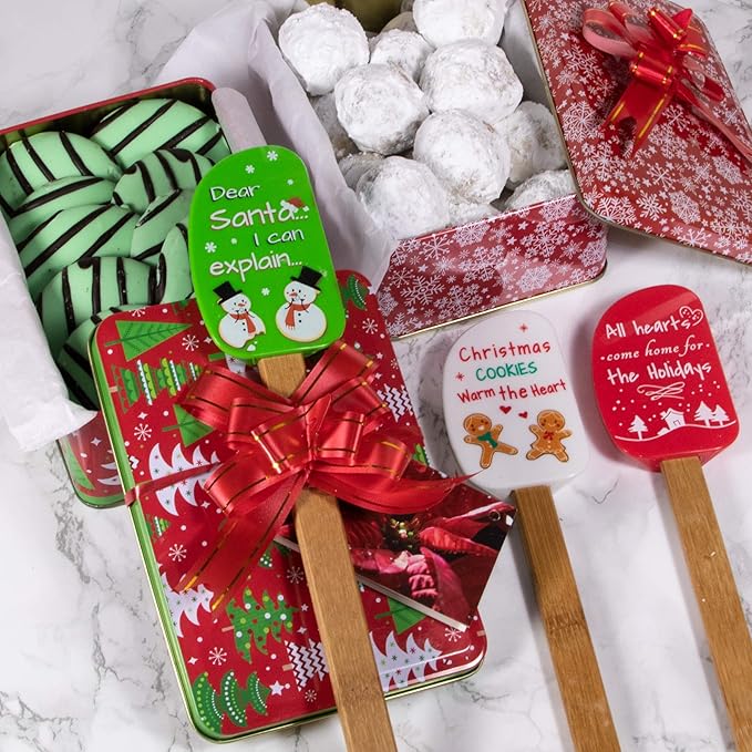 3 Piece Christmas Silicone Spatula Set with lovely bow and gift card. Easy clean, durable, high temperature and stain resistant with bamboo handles.