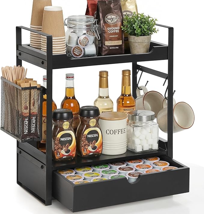 Coffee Station Organizer Countertop, Wooden Coffee Bar Accessories Organizer with Basket, 2 Mug Holder Hooks and Pod Drawer, Multifunctional 2 Tier Countertop Organizer for Kitchen, Bathroom, Office