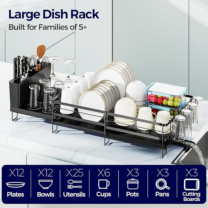 Large Dish Drying Rack, Expandable Dish Rack for Kitchen Counter, Dish Drainer with Drainboard Set, Multifunctional Dishrack with Utensil & Cup Holder, 13.4"-28.7" L x 11.8" W x 7.8" H, Black
