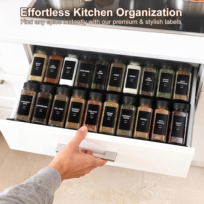 36Pcs Spice Jars Containers with Labels，4oz Black Seasoning Bottles with Shaker Lids for Rack, Cabinet, Drawer,Empty Square Condiment Pots (36, Black)