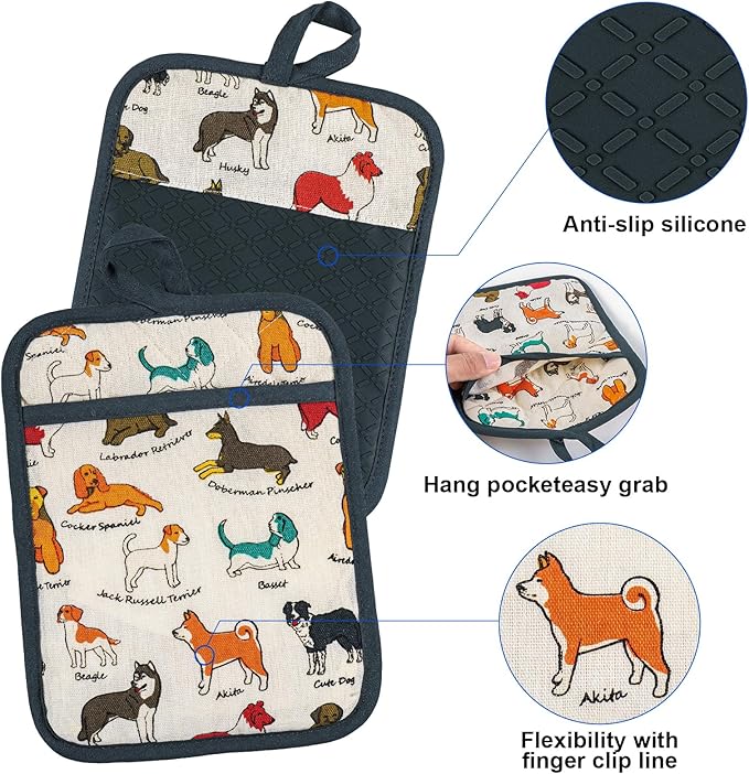 Alselo Oven Mitts and Pot Holders with Chef Apron,Set of 5 Heat Resistant Kitchen Gloves and Silicone Non-Slip Potholders Adjustable Neck Buckle Chef Apron, Cotton Nice Design for Cooking (Dog)