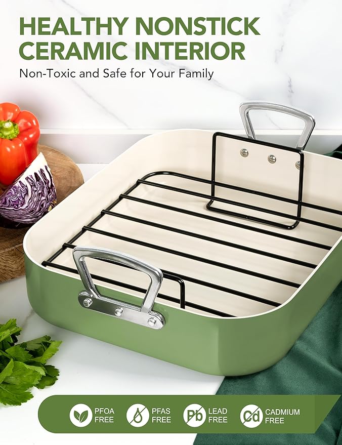 MICHELANGELO Nonstick Ceramic Roasting Pan with Rack, Turkey Roasting Pan with Ceramic Coating, Turkey Roaster Pan with Stainless Steel Rack, 15 Inch x 13 Inch - Green