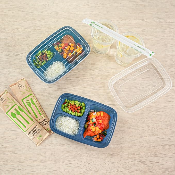 Asporto 26 Ounce Compartment Take Out Boxes, 100 Microwavable Meal Prep Containers - 3 Compartments, With Clear Plastic Lids, Midnight Blue Plastic Food Containers, Do Not Contain BPA - Restaurantware