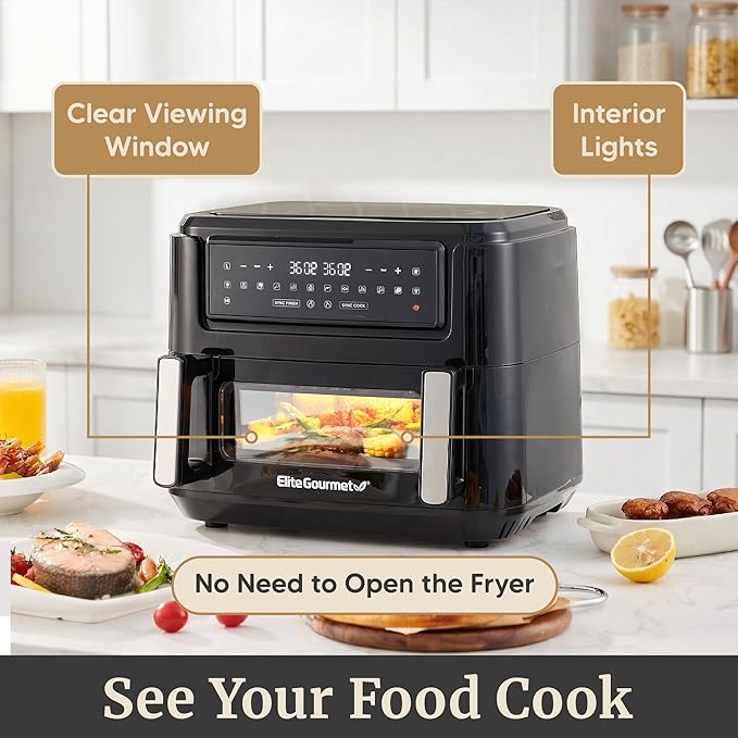Elite Gourmet Dual Zone Air Fryer Oven 11QT, Dual Basket Air Fryer with Divider, Sync Finish & Sync Cook, PFAS Free Nonstick, 10 Presets, Air Fry Bake Roast Broil Toast Dehydrate, 1600W Black