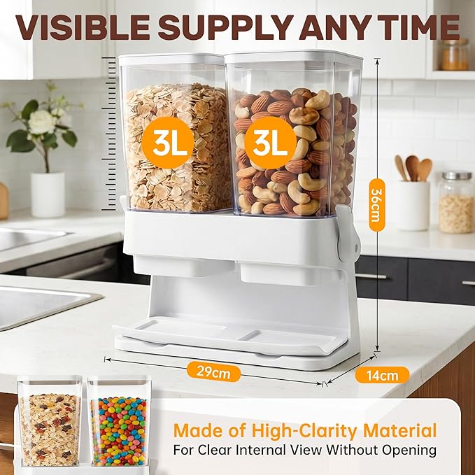 Cereal Dispenser Countertop 2 Pack, 3L Large Cereal Containers Storage Airtight for Kitchen Pantry, Dual Control Plastic Dry Food Dispenser for Cereal, Rice, Grains, Candy, Coffee Beans