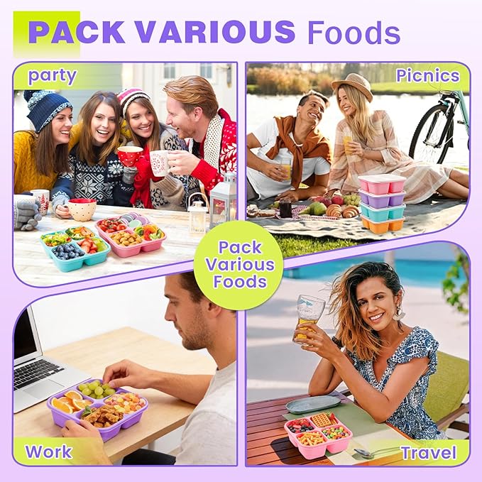 4 Pack Snack Containers Bento Box Adult Lunch Box,Meal Prep Container, Reusable Food Storage lunch Containers Stackable for Work, Travel and Gym (Pink, Orange, Green, Purple)