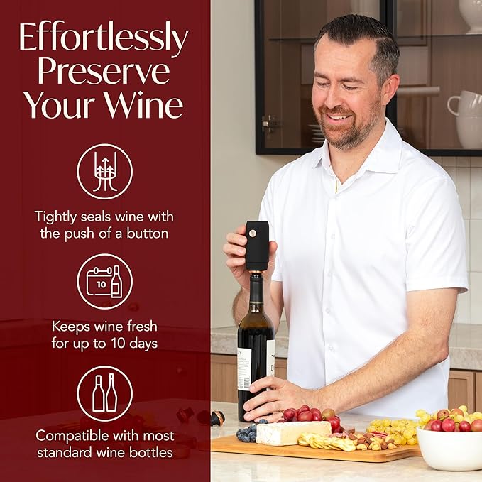 Rechargeable Electric Wine Opener and Electric Wine Preserver with Stoppers Gift Bundle Set (Black & Rose Gold)