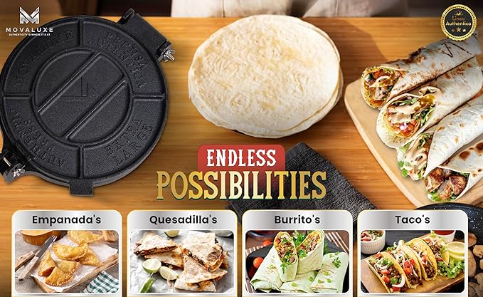 Movaluxe® Tortilla Press 10 Inch Cast Iron XL – Corn & Flour Roti Maker Machine Heavy Duty Tortillera Presser. With Parchment Paper, Warmer Pouch, Taco Holders, Rubber Mat & Digital Culinary Guide