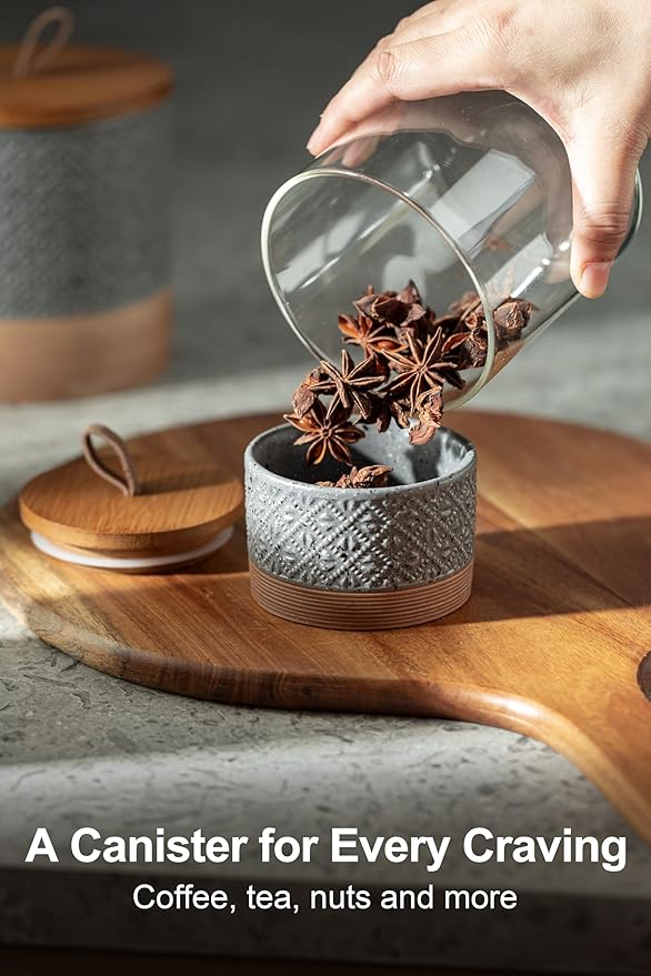 Miamolo Small Ceramic Jar with Lid, Coffee Container Kitchen Food Storage Jars for Sugar Tea Bag, Stackable Decorative Spice Jars for Countertop Coffee Bar Accessories- Gray & 5 fl.oz
