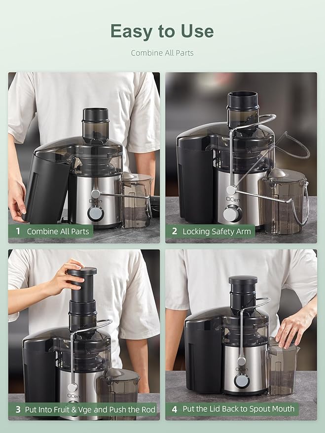 QCen Juicer Machine, 800W Centrifugal Juicer Extractor with 3” Wide Mouth Feed Chute for Fruits & Vegetables, Easy to Clean, Stainless Steel, BPA-Free