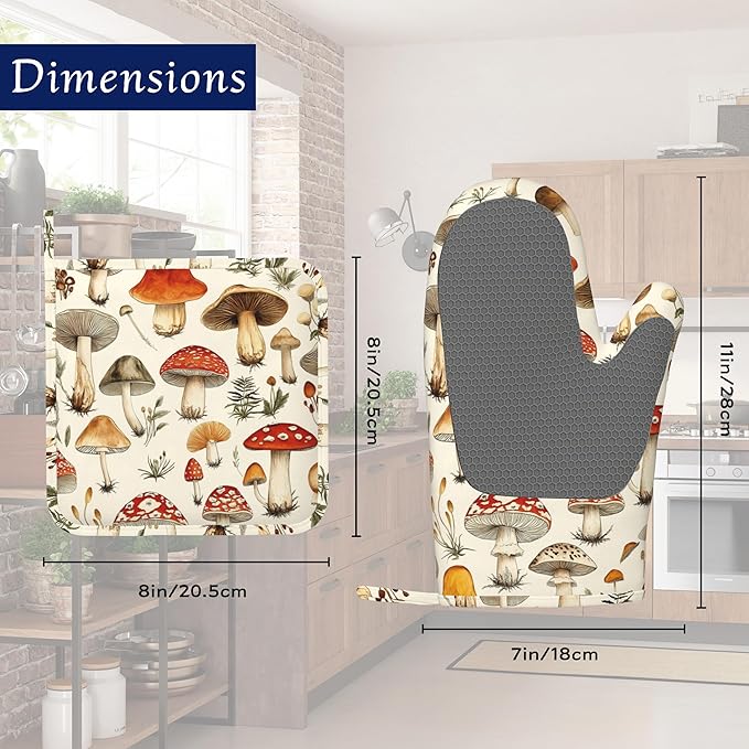Mushroom Potholders & Oven Mitts Sets Funny Wildflowers Herb Silicone Heat Resistant Oven Mits and Hot Pads Non-Slip Pot Holders Gloves for Kitchen Chef Cooking Baking Grilling BBQ