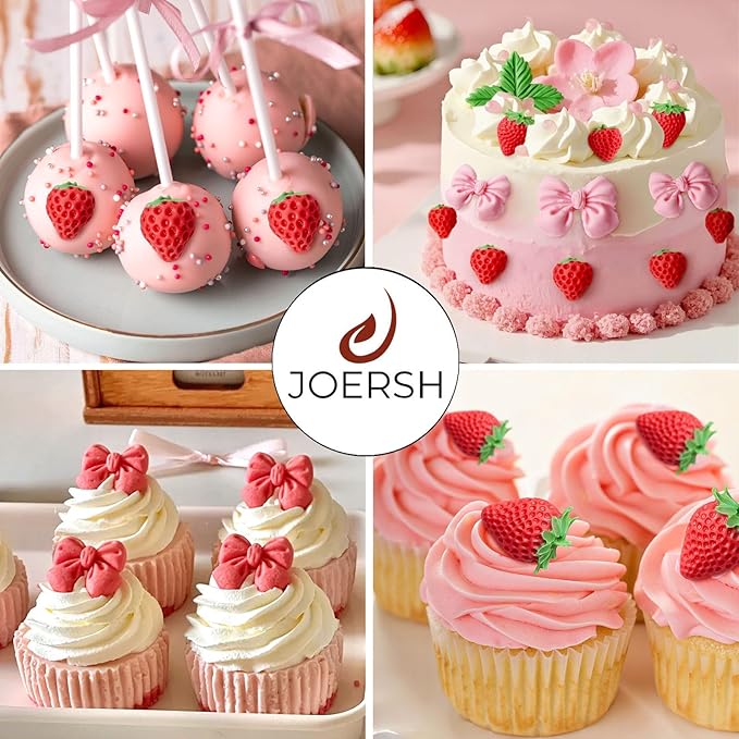 JOERSH 4PCS Strawberry Fondant Molds, Bow Fondant Silicone Molds, Fruit Baking Mold for Cake Decorating, Cupcake Topper, Chocolate, Candy, Candle, Clay