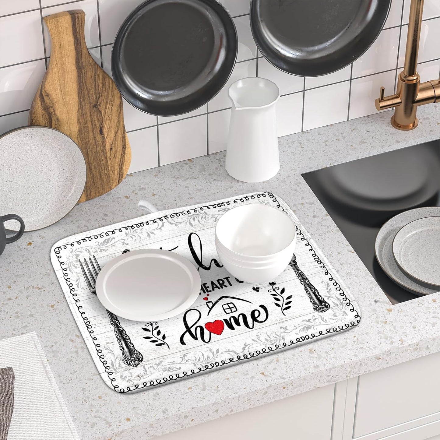 White Kitchen Dish Drying Mat 16x18 Inch Knife Fork Dish Drainer Rack Mats Microfiber Absorbent Protector for Kitchen Countertop Decor