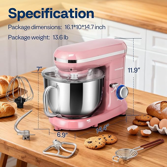 VIVOHOME Stand Mixer, 660W 10 Speed 6 Quart Tilt-Head Kitchen Electric Food Mixer with Beater, Dough Hook, Wire Whip and Egg Separator, Pink