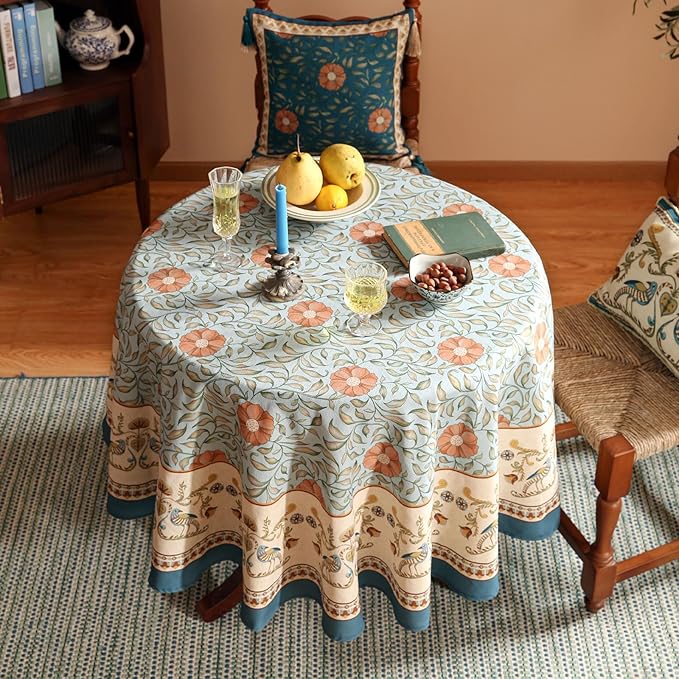 patdrea Designer French Linen Blue Round Table Cloth,Vintage Floral Tablecloth,Colorful Decoration Fall Table Cover Kitchen Dining for Tea Party,Thanksgiving,Christmas,Diameter 67"-Wensel