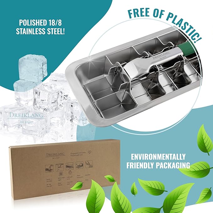 Stainless Steel Polished Set 2-Pack Ice Cube Tray for freezer Ice Cube Tray with Lever Insert |Easy Release with cold-insulated comfort grip | Food-Safe & Durable Ice Cube Maker
