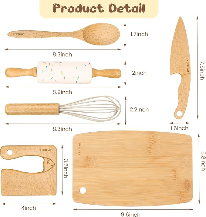 LUOLAO Wooden Kids Safe Knife and Kids Baking Set for Real Cooking, 6 PCS Toddler Montessori Kitchen Tools, Cooking and Baking for Little Chefs