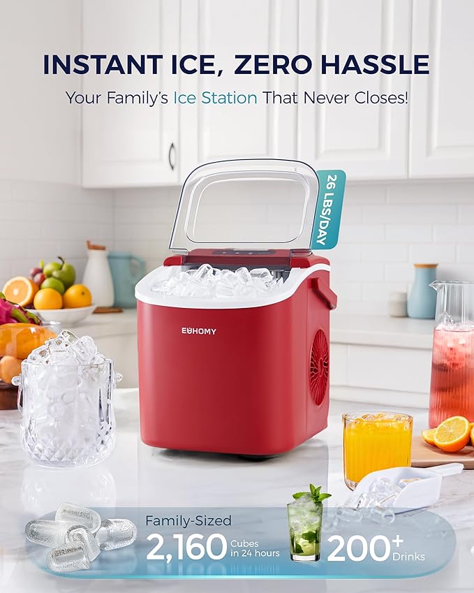EUHOMY Countertop Ice Maker Machine with Handle, 26lbs Per Day, 9 Ice Cubes Ready in 6 Mins, Auto-Cleaning Portable Ice Maker with Basket and Scoop, for Home/Kitchen/Camping/RV (Red)